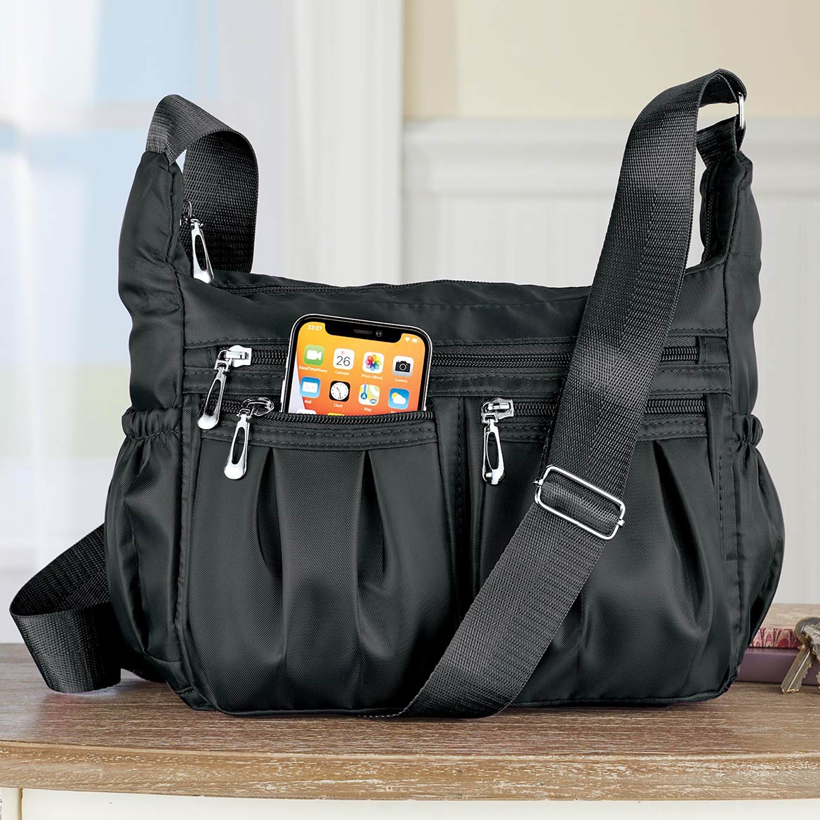 Multi-Pocket Nylon Handbag, Black