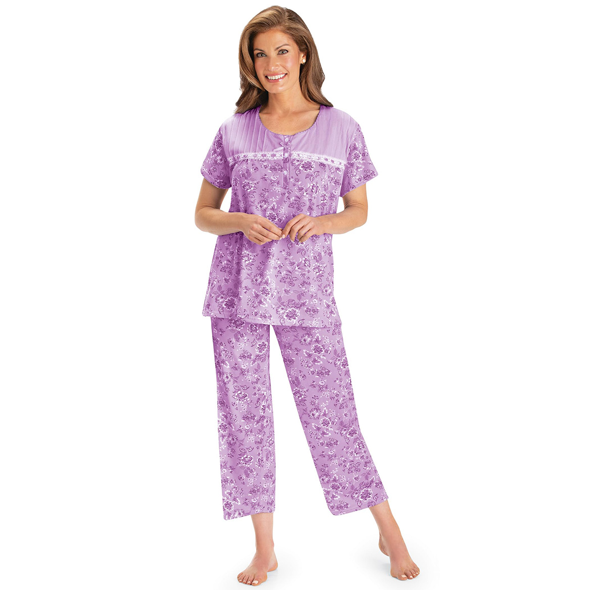 Lace Trim Floral Capri Pajama Set, Blue, LG