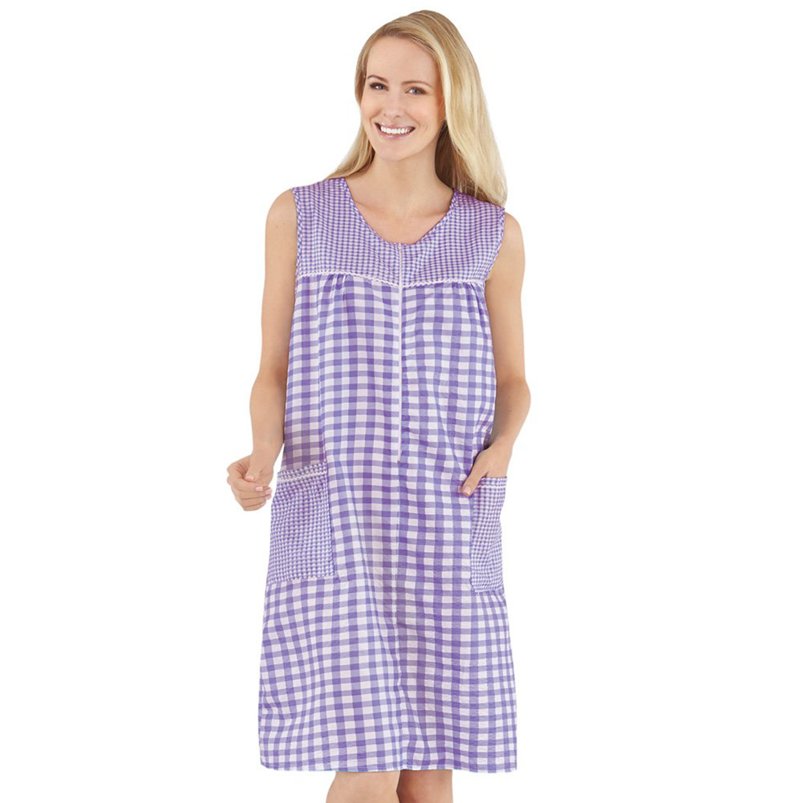 Collections Etc Women’s Half-Zip Front Sleeveless Pocket Dress with Checkered Pa