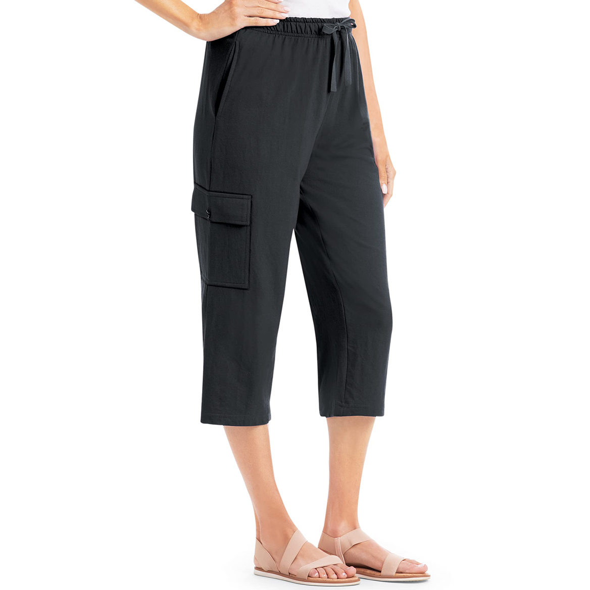 Collections Etc Drawstring Cargo Pocket Knit Casual Capri Pants, Teal, MED