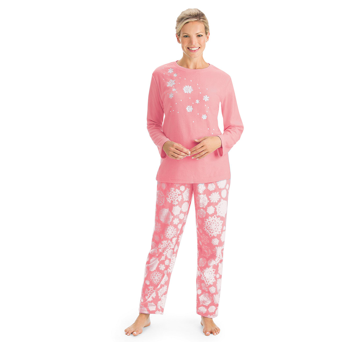 Collections Etc Women’s Snowflake Tunic & Fleece Pajama Set, Pink, XL