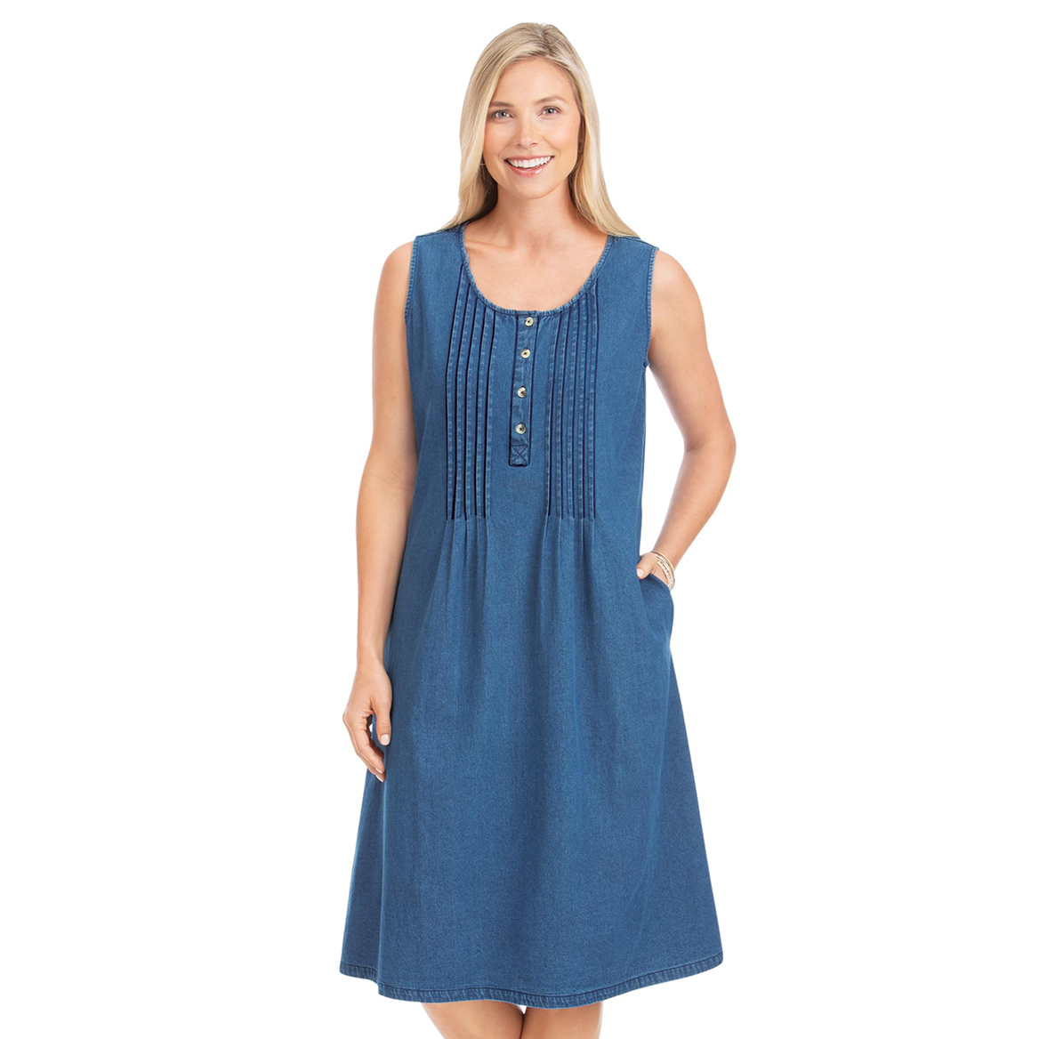 Collections Etc Women’s Easy-to-Wear Sleeveless Pintuck Denim Jumper Denim Blue